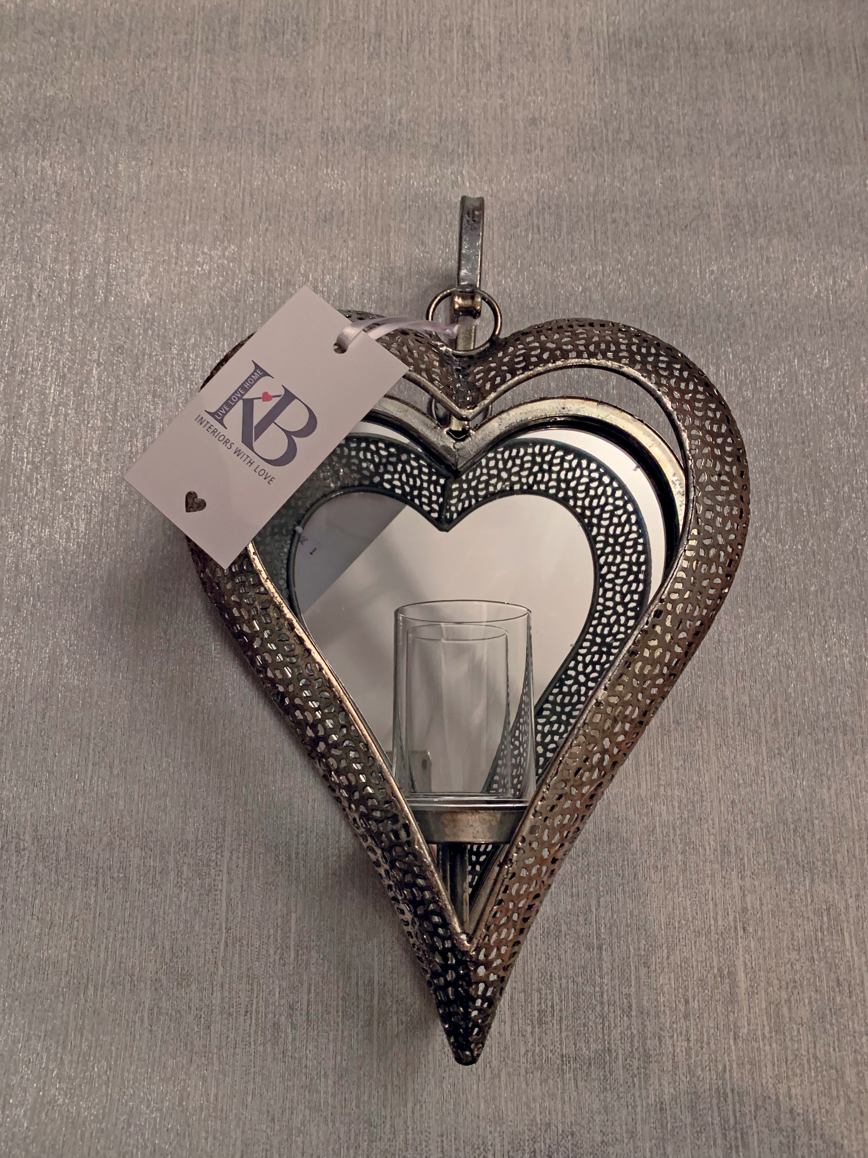 Silver Heart Mirrored T Light Candle Holder